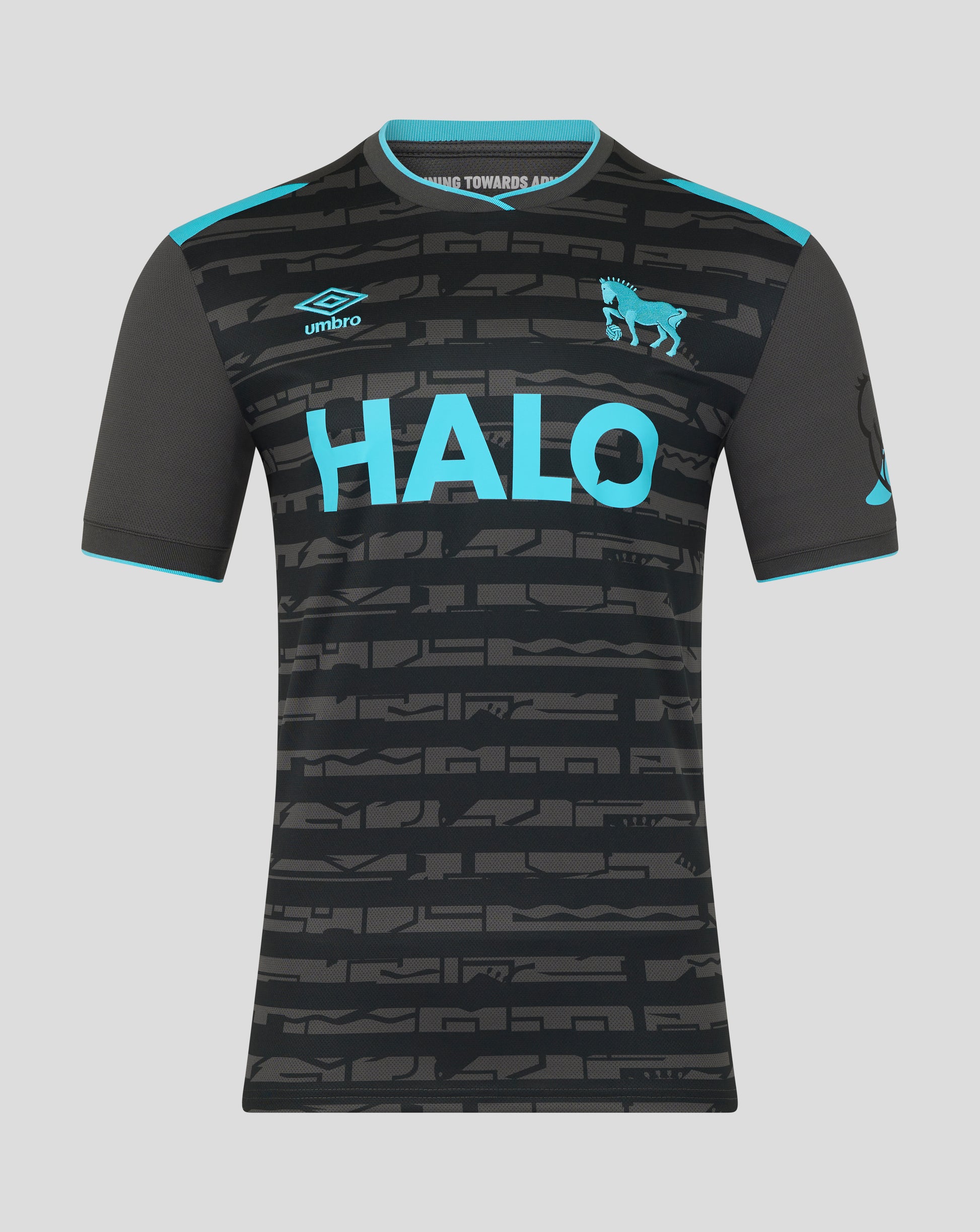 Front view of Ipswich Town 25/26 third kit shirt in black with teal accents and HALO text across chest