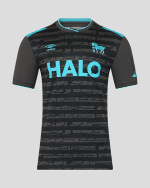 Front view of Ipswich Town 25/26 third kit shirt in black with teal accents and HALO text across chest