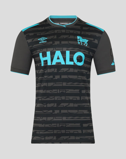 Front view of Ipswich Town 25/26 third kit shirt in black with teal accents and HALO text across chest