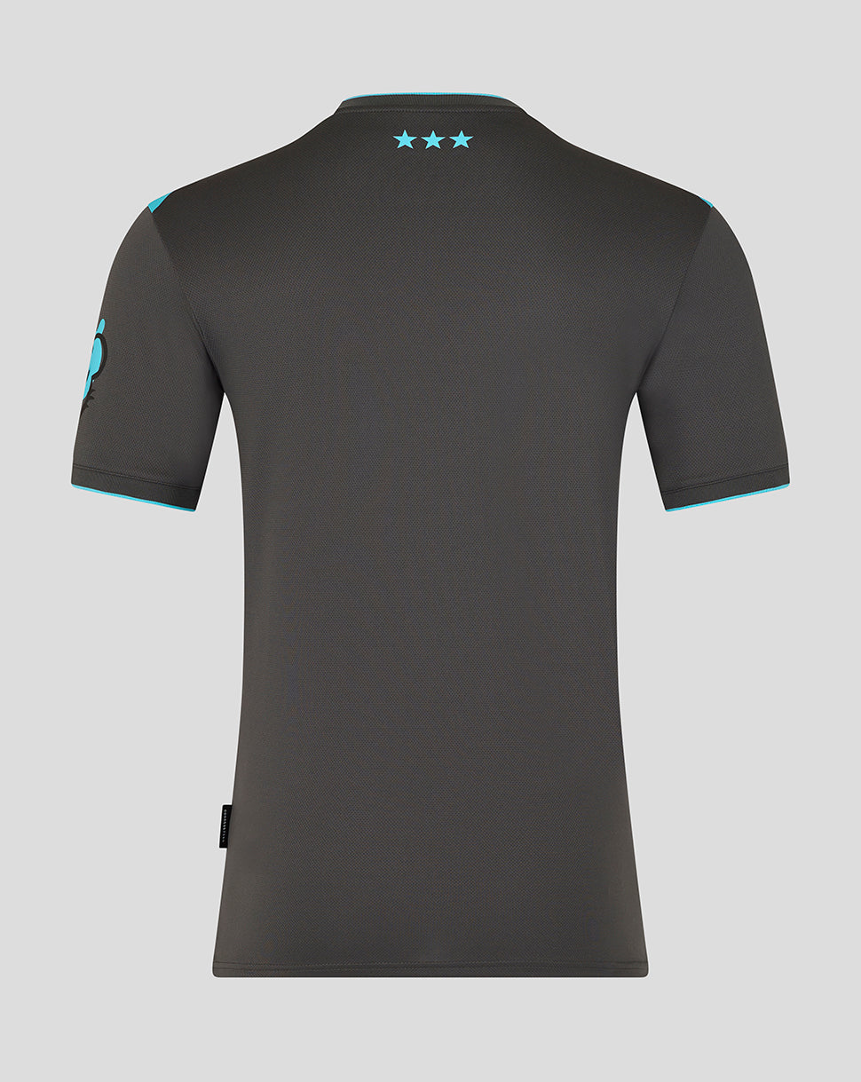 Back view of Ipswich Town 25/26 third kit shirt in dark grey with teal shoulder trim and three turquoise stars