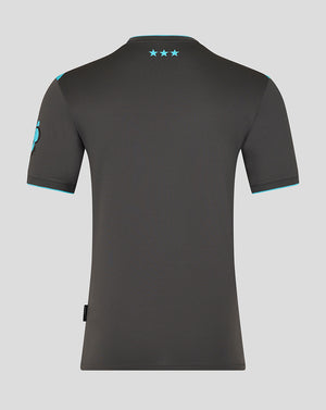 Back view of Ipswich Town 25/26 third kit shirt in dark grey with teal shoulder trim and three turquoise stars
