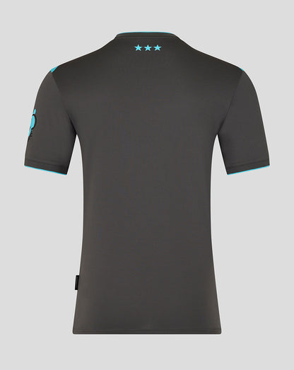 Back view of Ipswich Town 25/26 third kit shirt in dark grey with teal shoulder trim and three turquoise stars