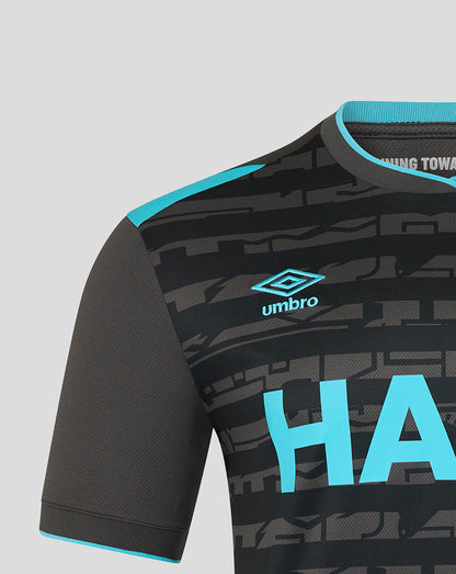 Ipswich Town third kit shirt shoulder close up with turquoise trim and teal Umbro logo on black camo pattern