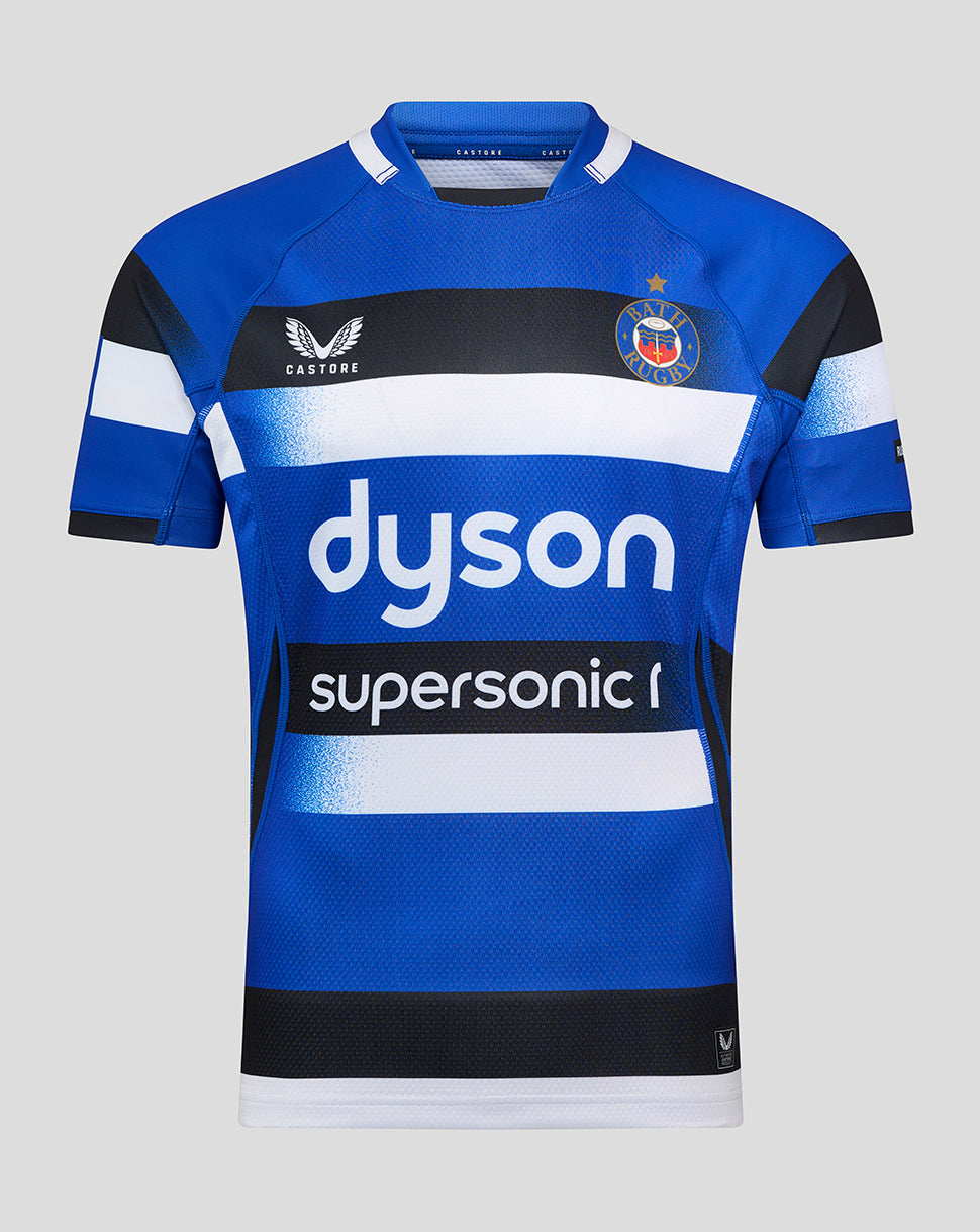 Bath Rugby Home Pro Shirt in electric blue with black and white horizontal stripes and Dyson sponsor logo across the chest