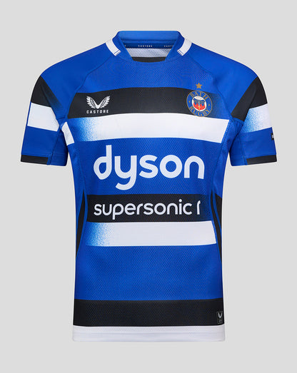 Bath Rugby Home Pro Shirt in electric blue with black and white horizontal stripes and Dyson sponsor logo across the chest
