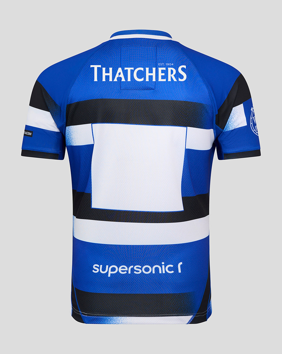 Back view of Bath Rugby Pro Shirt in royal blue with THATCHERS across the upper back and black white panel design