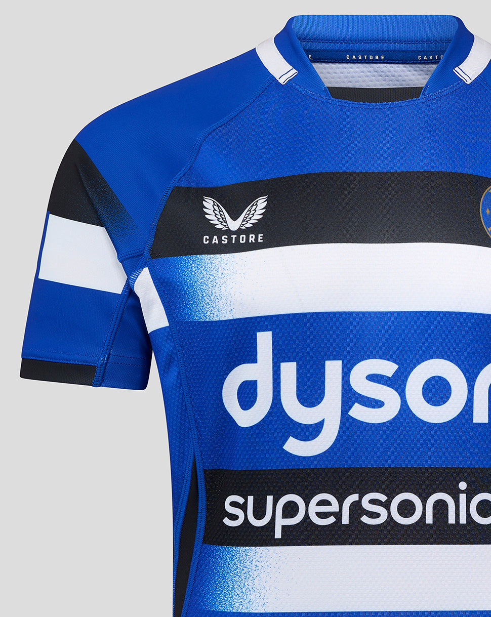 Detail of Bath Rugby Home Pro Shirt chest with Dyson sponsor text on blue stripes
