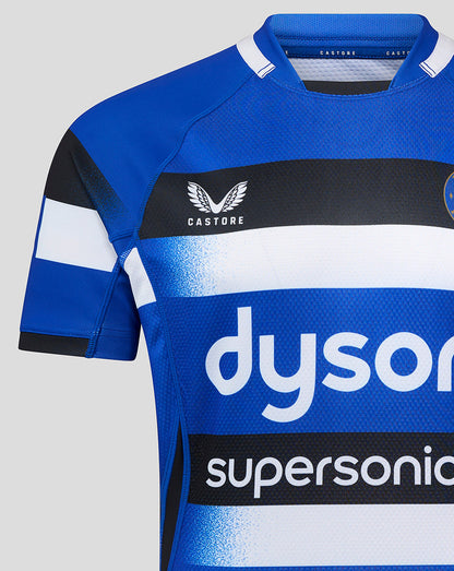 Detail of Bath Rugby Home Pro Shirt chest with Dyson sponsor text on blue stripes