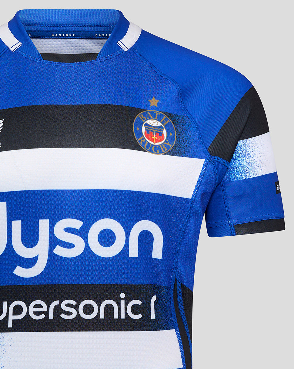 Close up of Bath Rugby Home Pro Shirt showing Bath crest and bold stripe design