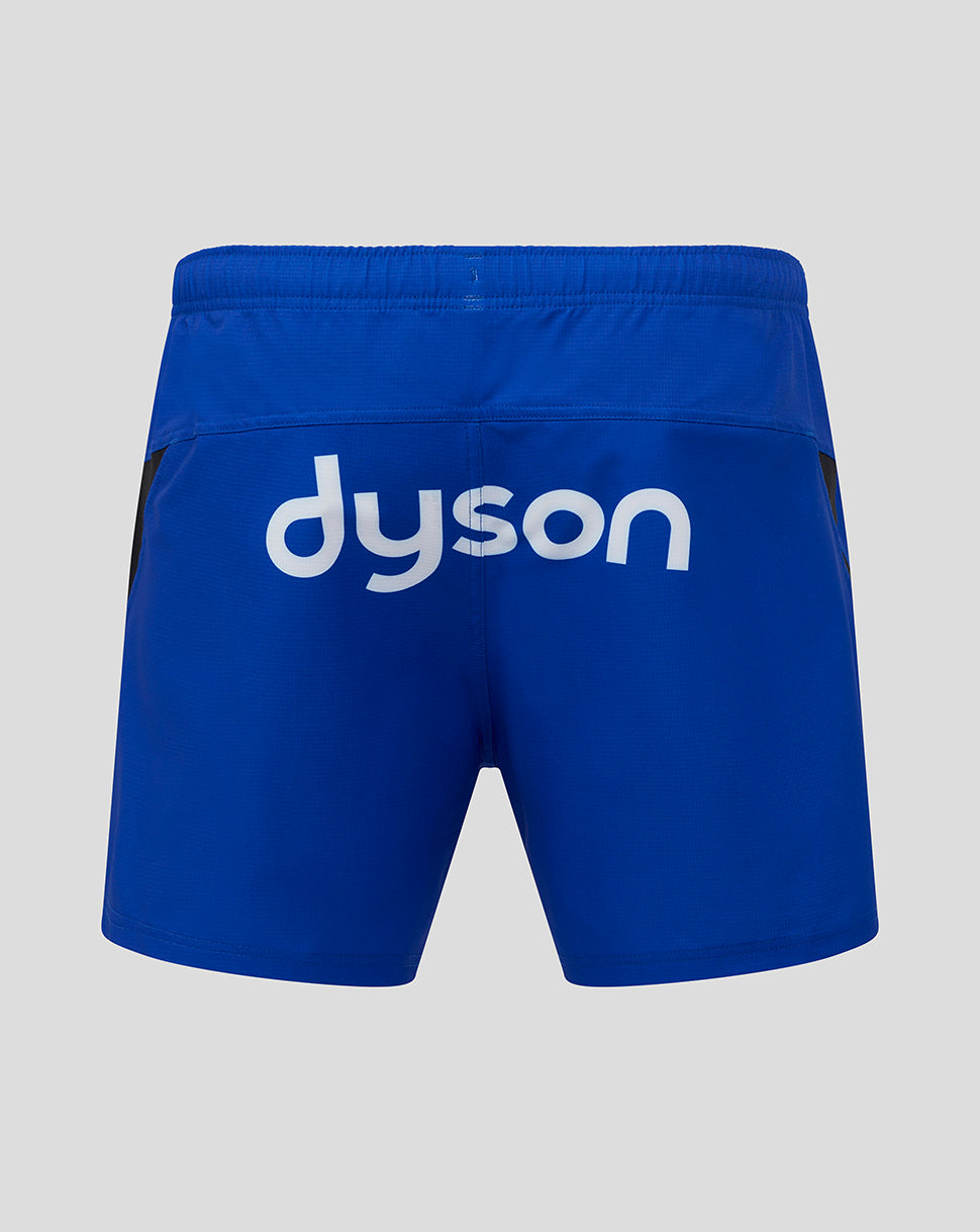 Back view of royal blue Bath Home Pro shorts with a large white Dyson logo across the rear