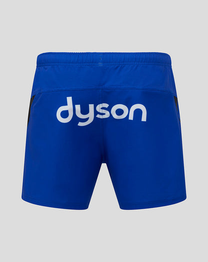 Back view of royal blue Bath Home Pro shorts with a large white Dyson logo across the rear