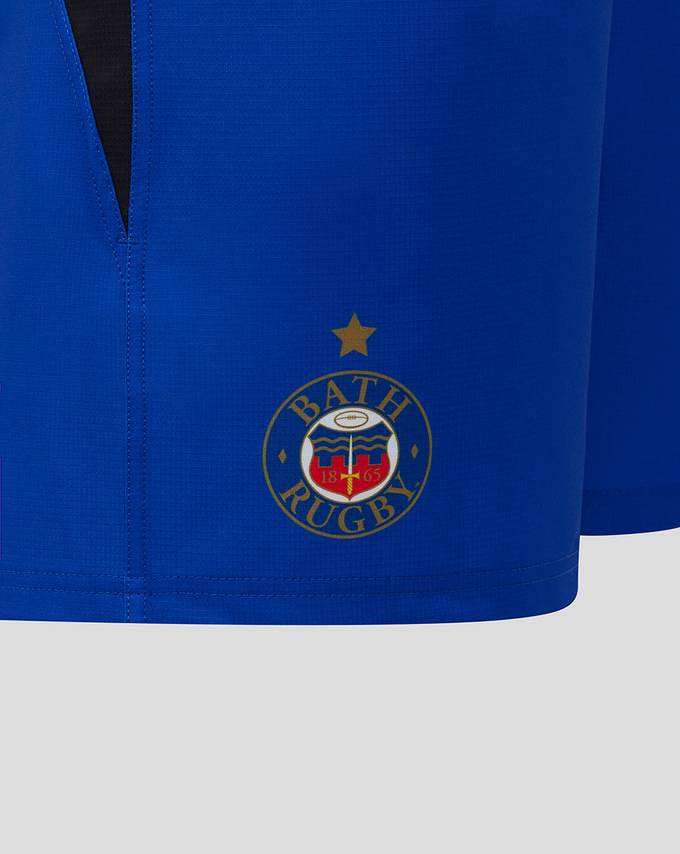 Close-up of blue Bath Rugby Pro Shorts showing the Bath crest and gold star on the left leg