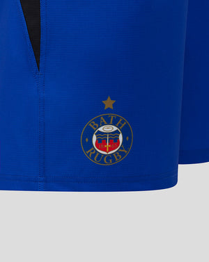 Close-up of blue Bath Rugby Pro Shorts showing the Bath crest and gold star on the left leg