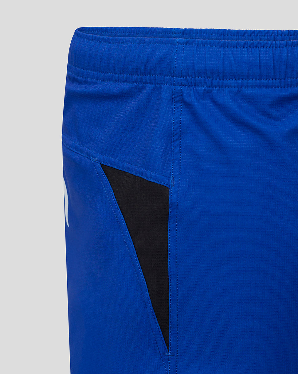 Close up of royal blue Bath Home Pro rugby shorts showing elastic waistband and black side panel
