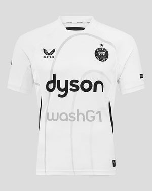 Front view of Bath Rugby away pro shirt in white with Dyson sponsor across chest and Bath crest.