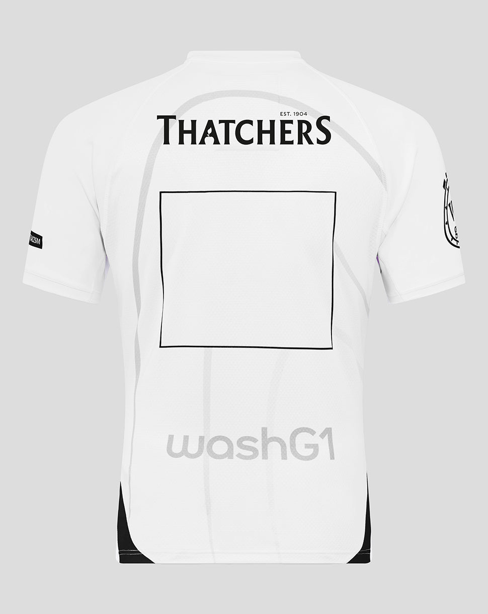 Back view of Bath Rugby Away Pro Shirt in white with Thatchers branding and a large black outlined square on the back.