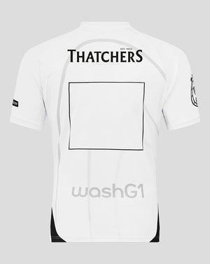 Back view of Bath Rugby Away Pro Shirt in white with Thatchers branding and a large black outlined square on the back.