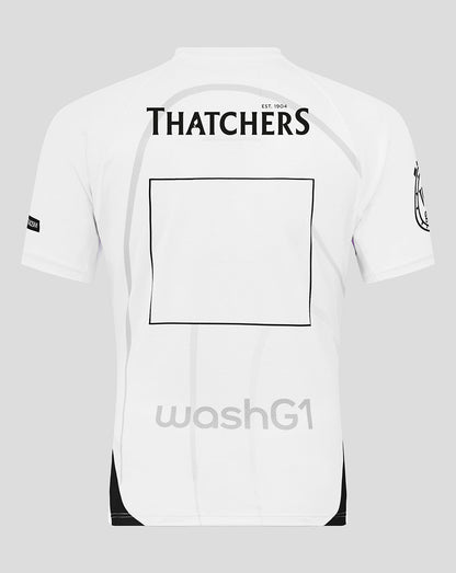 Back view of Bath Rugby Away Pro Shirt in white with Thatchers branding and a large black outlined square on the back.