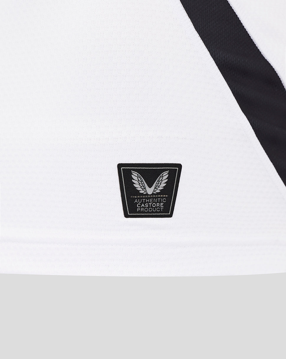Close-up of white Bath Rugby Pro Shirt with a black Authentic Castore Product badge
