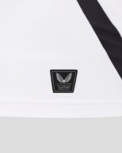 Close-up of white Bath Rugby Pro Shirt with a black Authentic Castore Product badge
