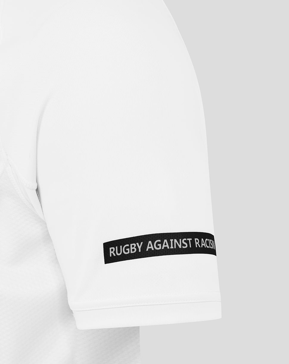White Bath Rugby Pro Shirt sleeve with a black Rugby Against Racism armband