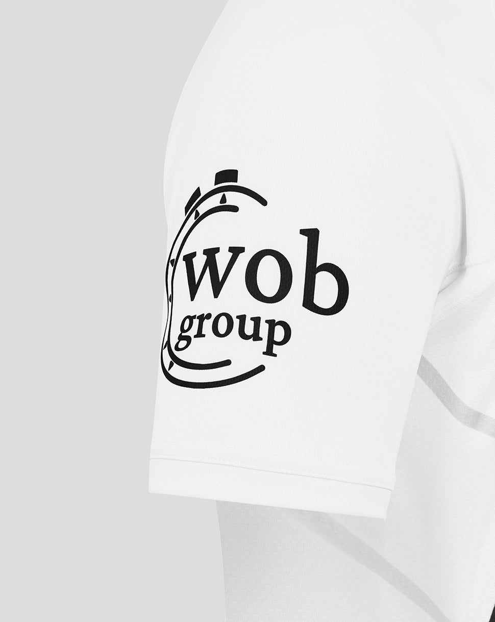 White Bath Rugby Pro Shirt sleeve featuring the Wob Group sponsor logo