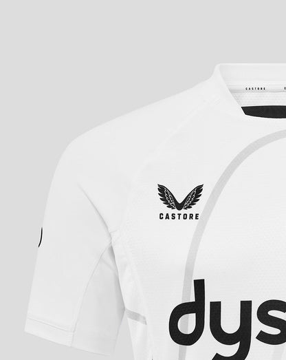 Close-up of upper front of Bath Rugby Away Pro Shirt with Castore branding at the neck and Dyson sponsor across the chest.