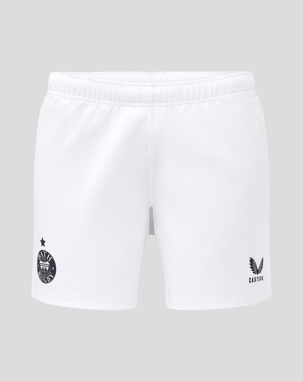 White Bath Rugby shorts with team crest on the left leg and Castore branding on the right.