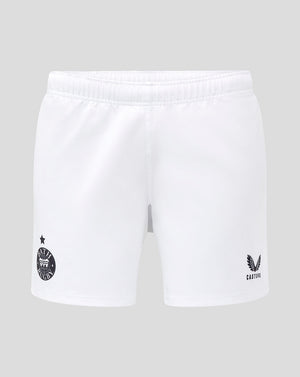 White Bath Rugby shorts with team crest on the left leg and Castore branding on the right.