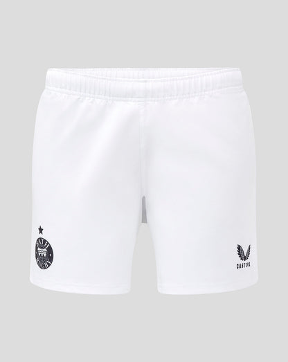 White Bath Rugby shorts with team crest on the left leg and Castore branding on the right.