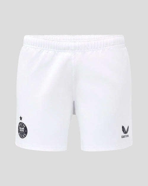 White Bath Rugby shorts with team crest on the left leg and Castore branding on the right.