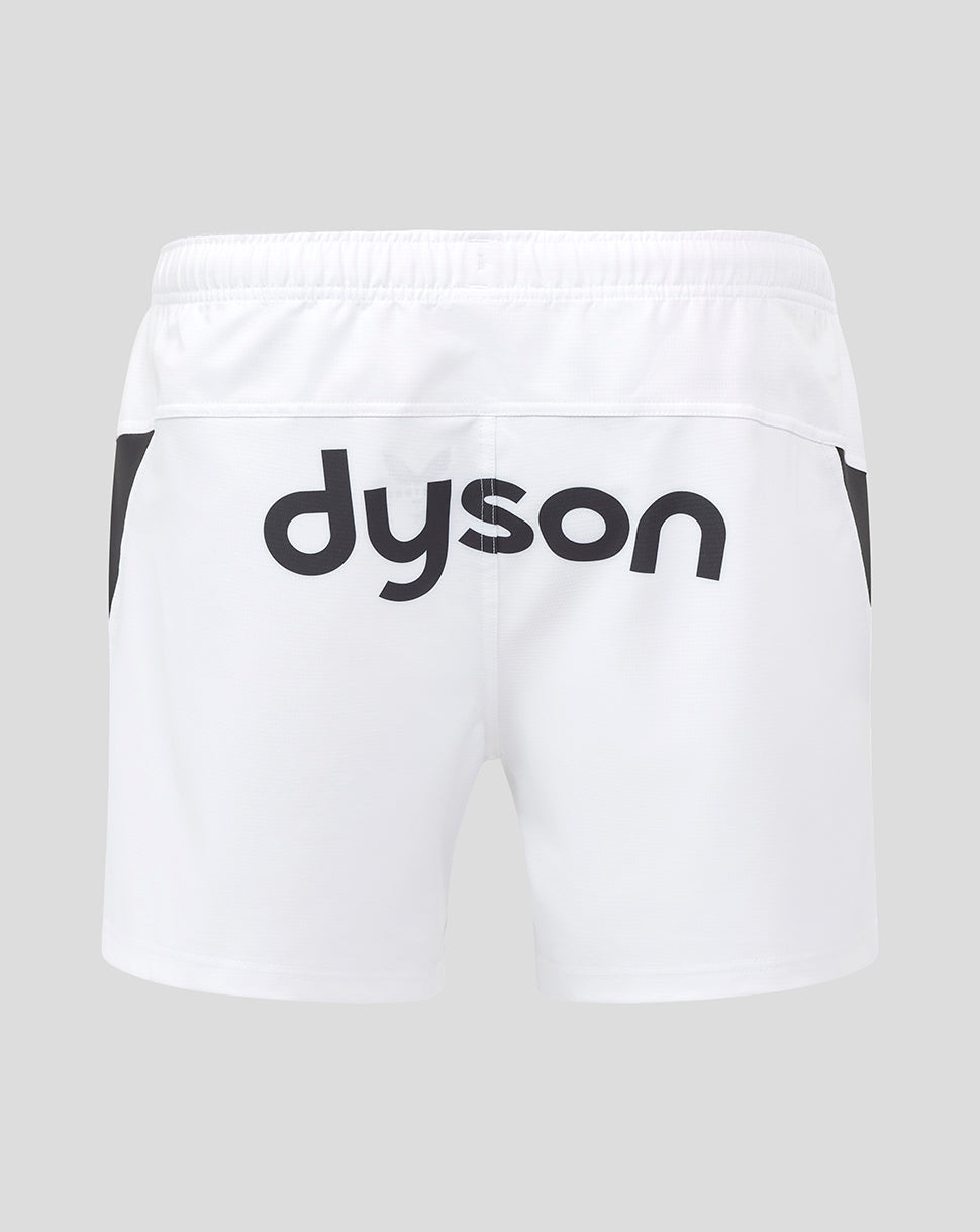 Back view of white shorts with a large Dyson logo across the back and dark side panels.
