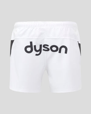 Back view of white shorts with a large Dyson logo across the back and dark side panels.