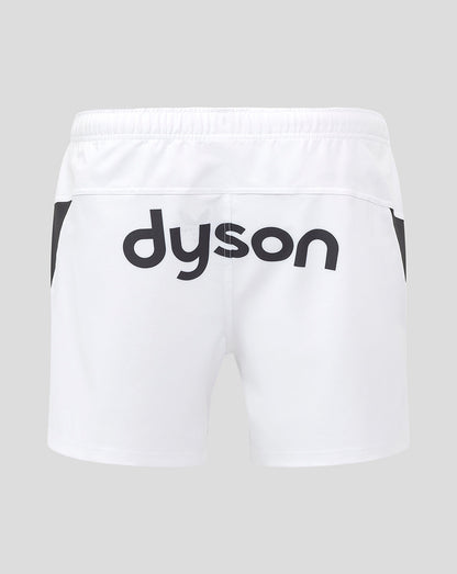 Back view of white shorts with a large Dyson logo across the back and dark side panels.