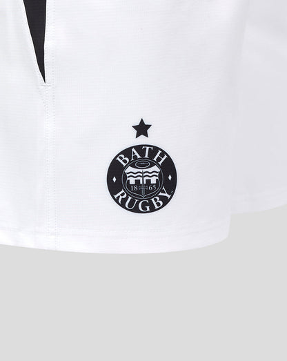 Close up of white shorts showing Bath Rugby crest near the hem with a star above.