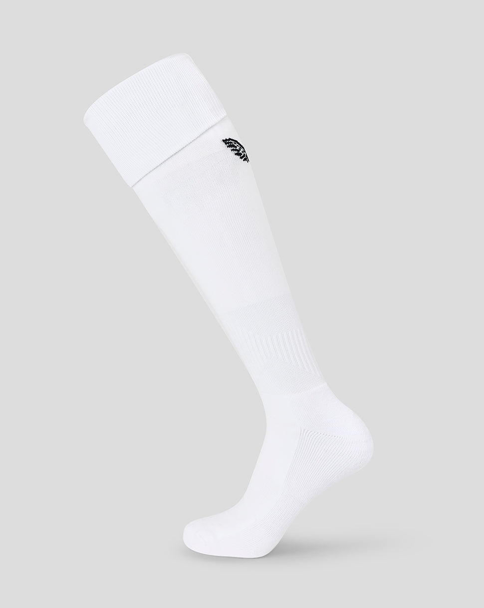 White Bath Rugby Junior Away Sock on display with a small black logo near the top