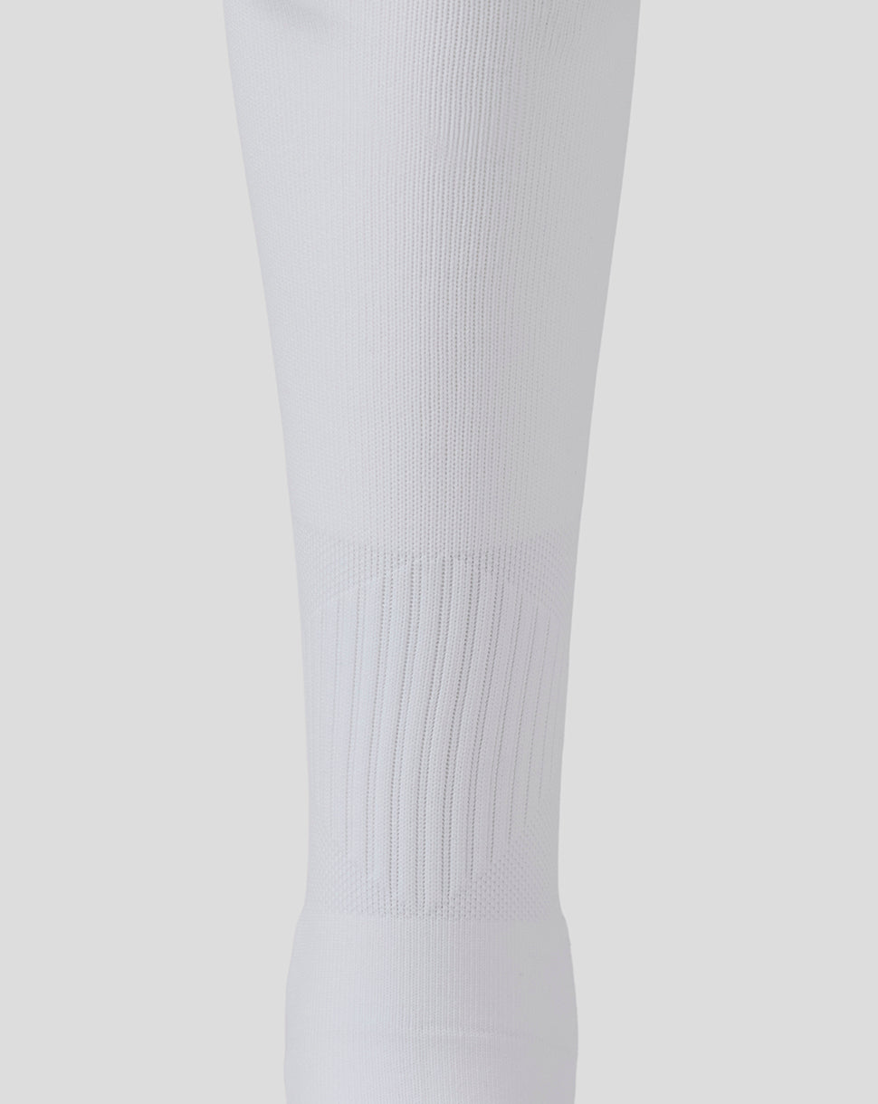 Close-up of white Bath Rugby Junior Away Sock knit texture around the calf and ankle