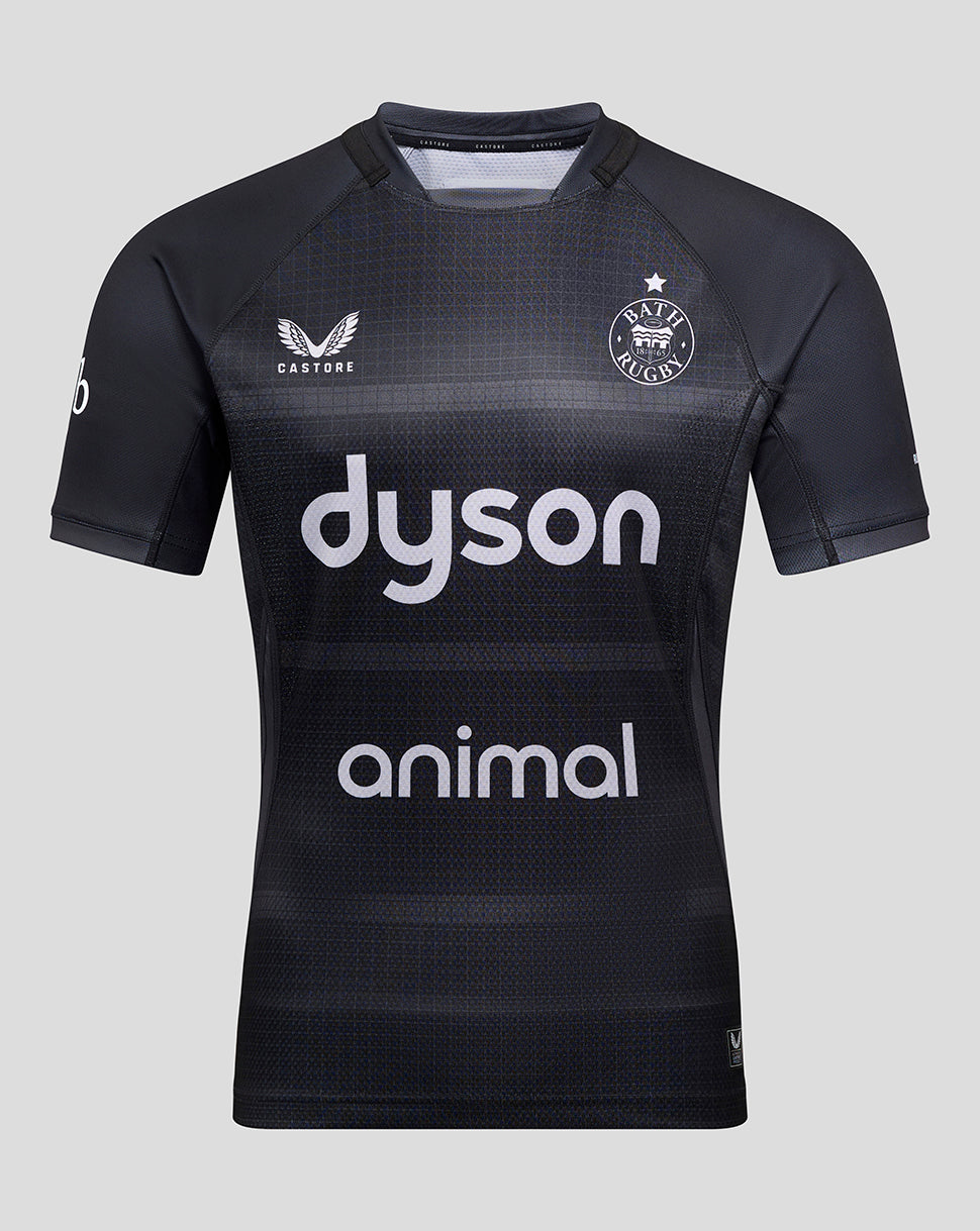 Bath Rugby European Pro Shirt front view with dyson and animal sponsor logos and Bath Rugby crest on the chest