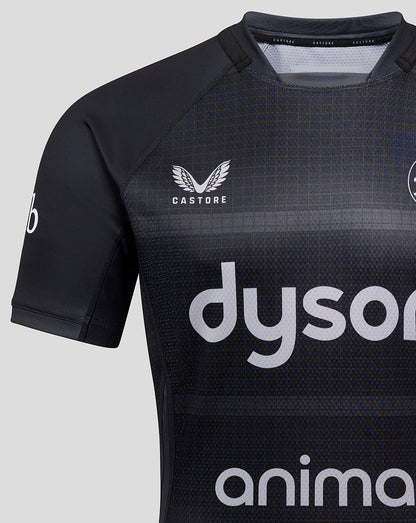 Bath Rugby Pro Shirt chest close up with Dyson sponsor logo and Castore crest