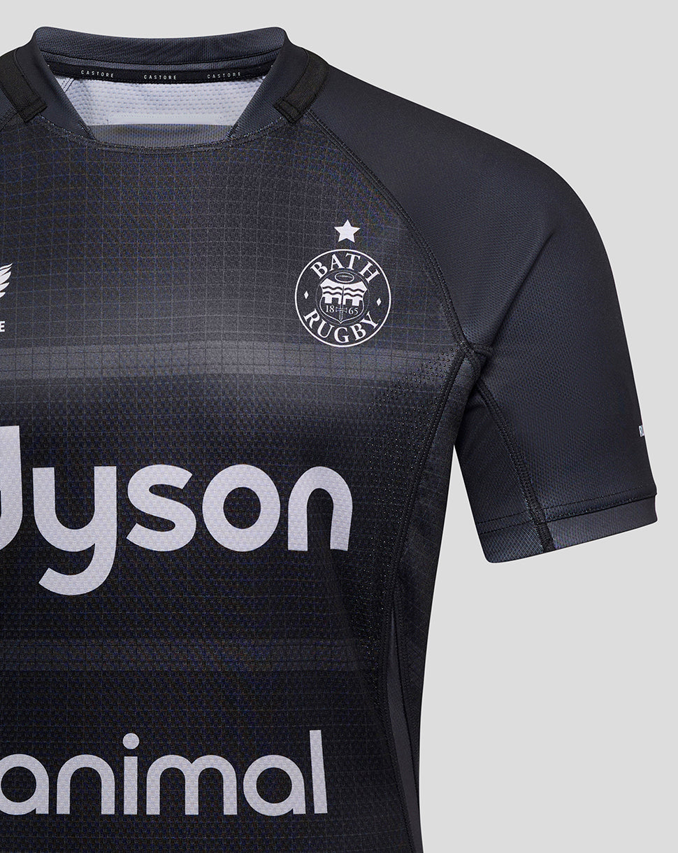 Bath Rugby Pro Shirt close-up of chest showing crest on left chest and dark patterned fabric