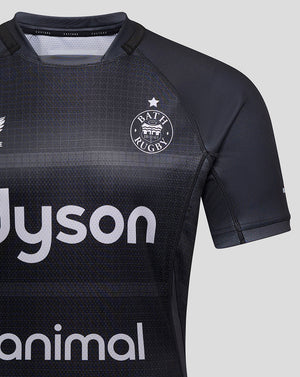 Bath Rugby Pro Shirt close-up of chest showing crest on left chest and dark patterned fabric