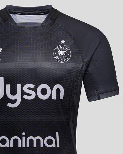 Bath Rugby Pro Shirt close-up of chest showing crest on left chest and dark patterned fabric