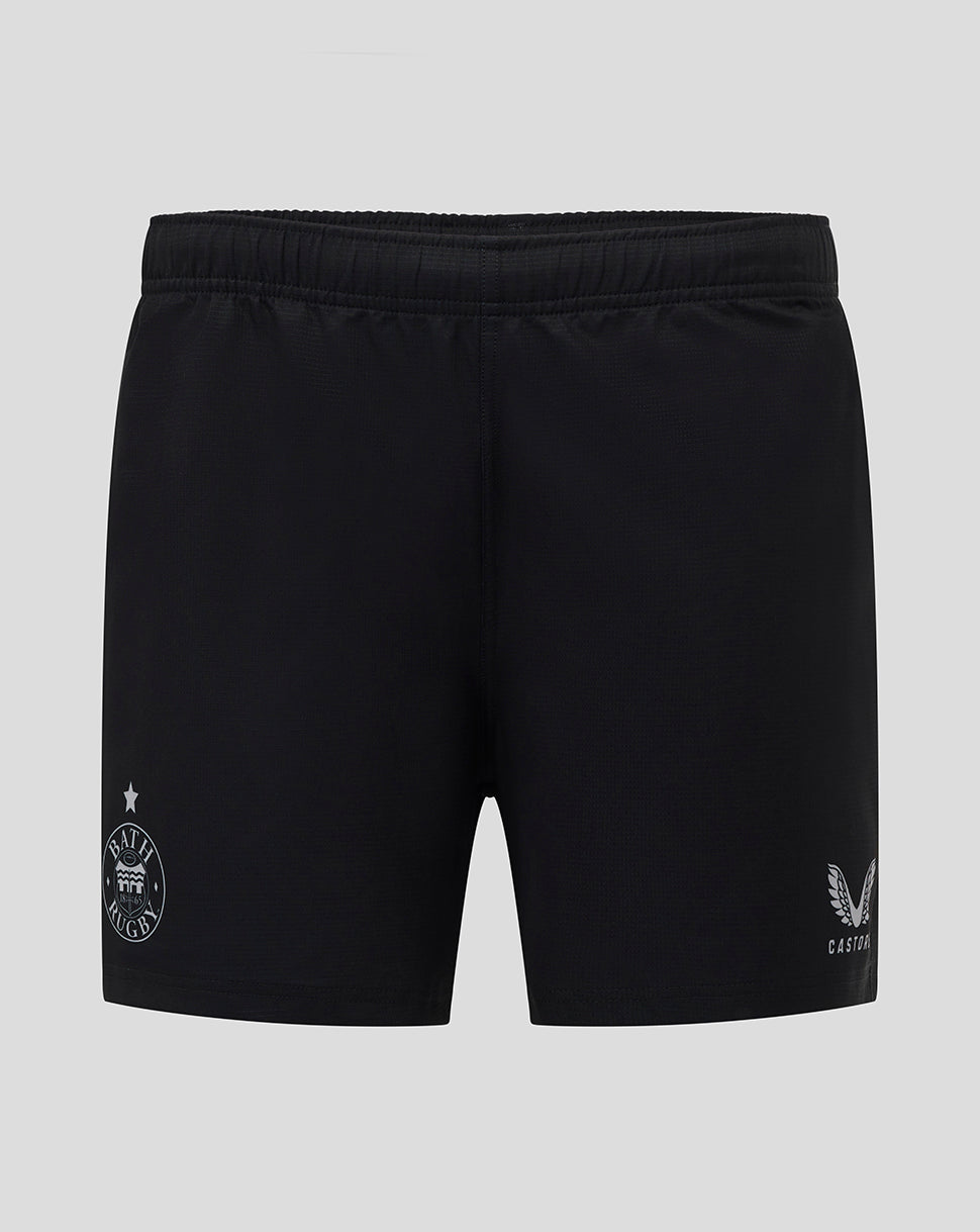 Front view of black Bath Rugby European Pro Shorts with left leg crest and Castore branding.