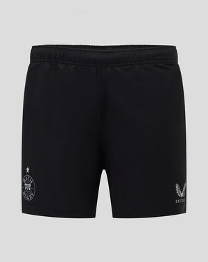 Front view of black Bath Rugby European Pro Shorts with left leg crest and Castore branding.
