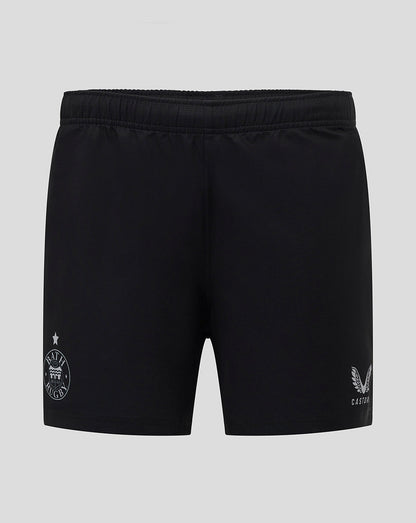 Front view of black Bath Rugby European Pro Shorts with left leg crest and Castore branding.