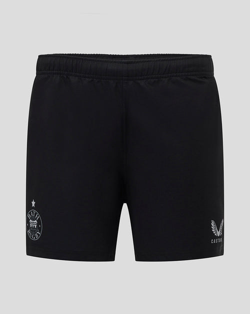 Front view of black Bath Rugby European Pro Shorts with left leg crest and Castore branding.