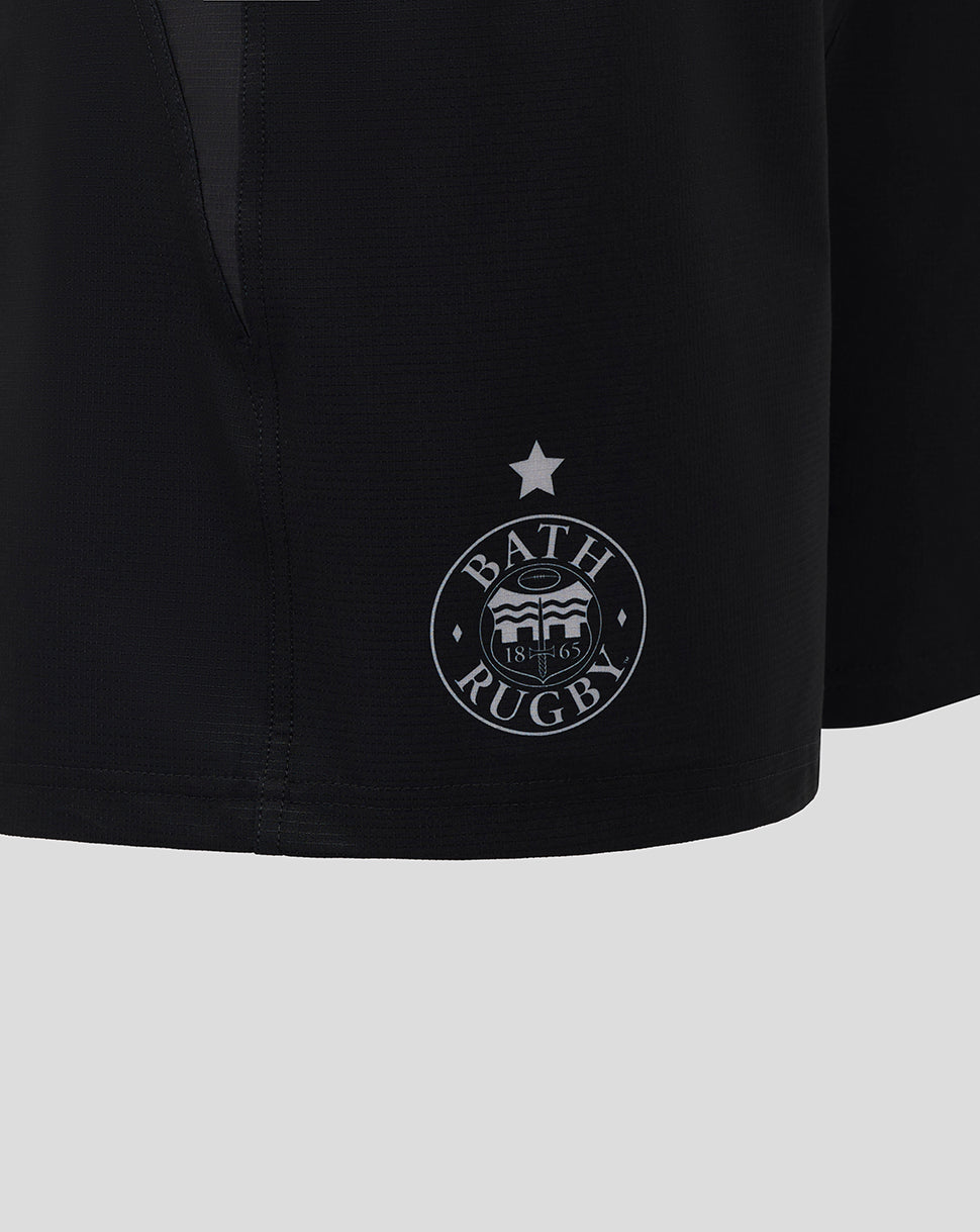 Detail of the left leg Bath Rugby crest on black European Pro Shorts.