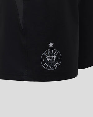 Detail of the left leg Bath Rugby crest on black European Pro Shorts.