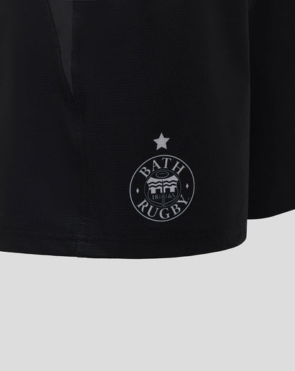 Detail of the left leg Bath Rugby crest on black European Pro Shorts.