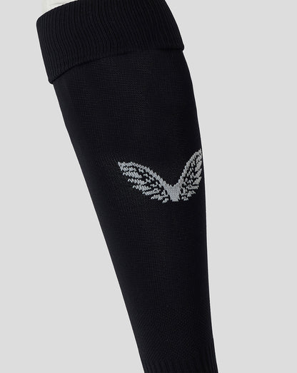 Close-up of a Bath Rugby black sock with a white wing logo on the calf